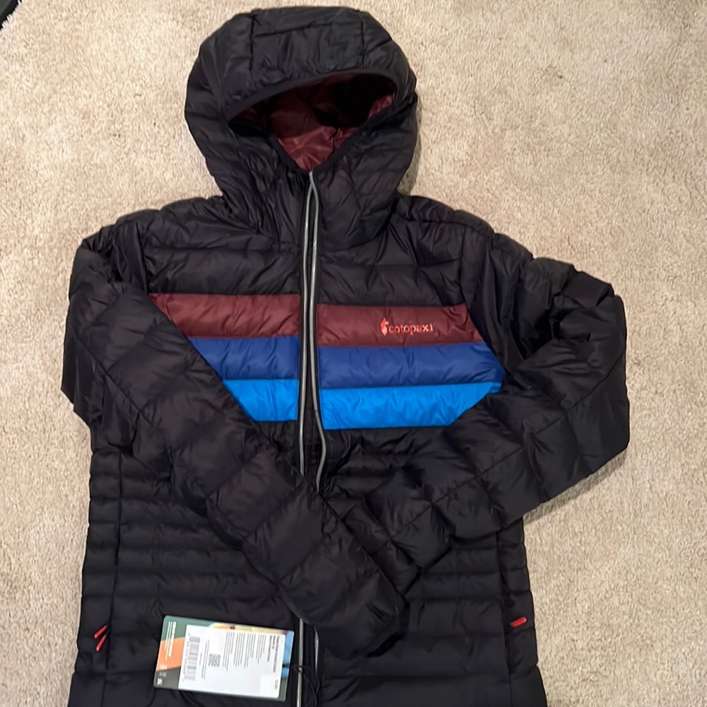 Cotopaxi Womens XS Fuego Down Hooded Jacket Black & Chestnut Stripes